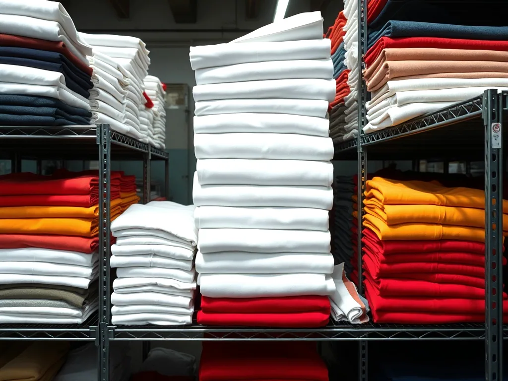 Stacks of folded blank tee shirts and polos sorted by colour on wire shelving in a stockroom.