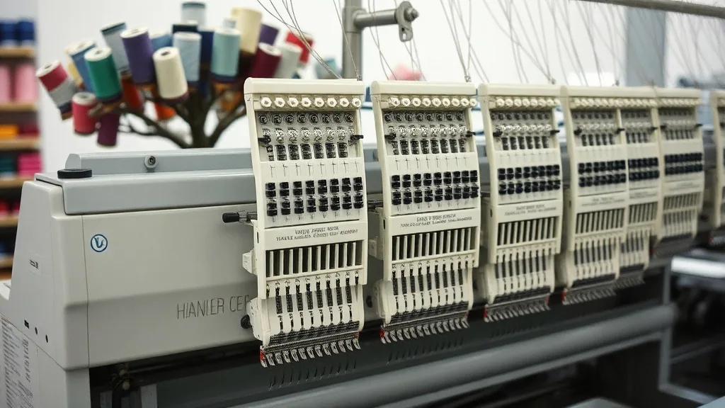 A multi head commercial embroidery machine seen down the length of its needle bars, thread cones racked on the tree behind it.