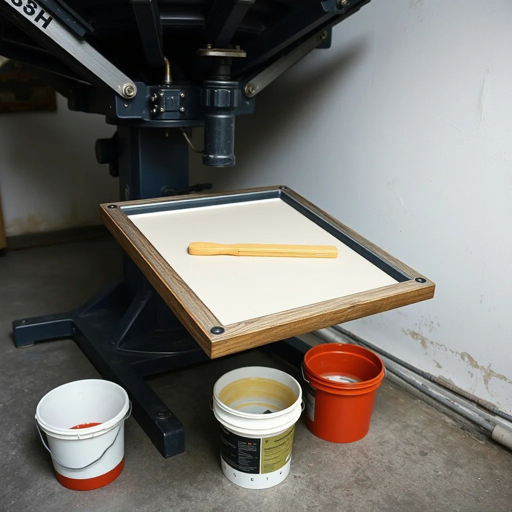 A screen printing press with a screen lowered onto the platen and a squeegee lying across it, buckets of ink on the concrete floor beside it.
