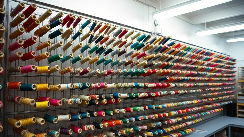 A wall rack of embroidery thread cones in a workshop, hundreds of colours in rows under a fluorescent tube.